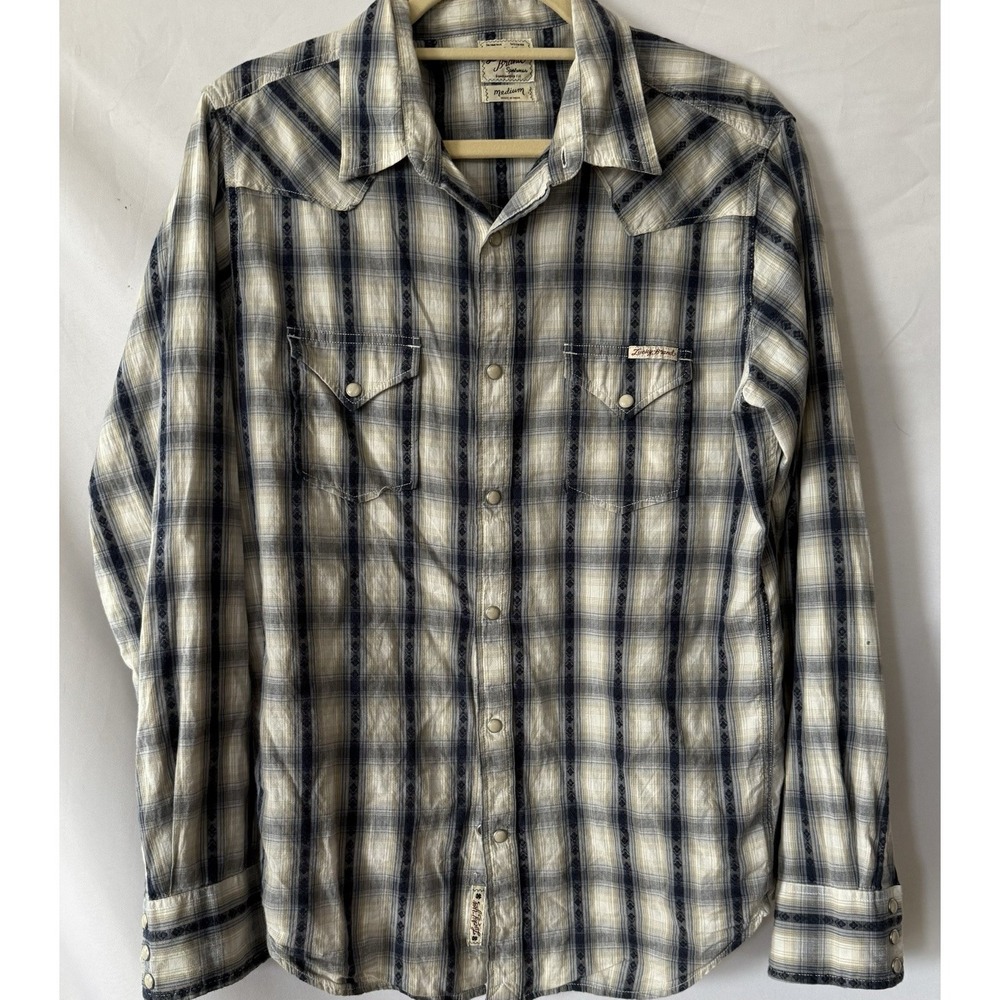 Lucky Brand Men's plaid 100% cotton pearl snap long sleeve blue plaid shirt Sz M